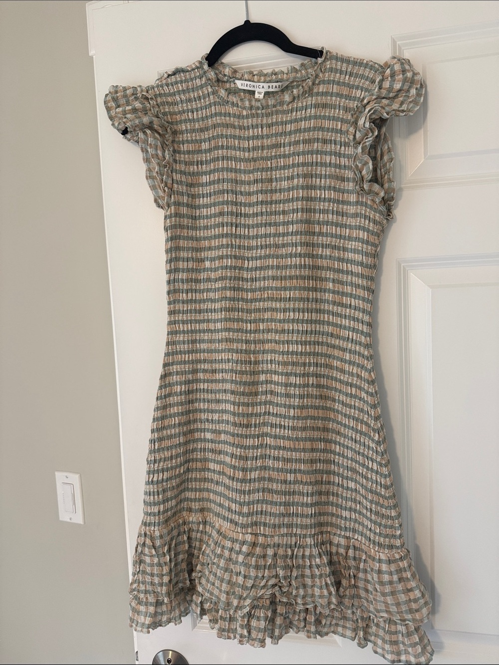 Veronica Beard Green & Cream Gingham Ruffle Dress small